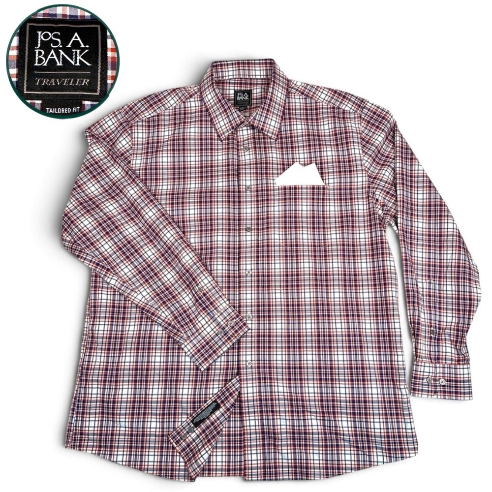Jos. A. Bank Traveler Tailored Fit Plaid Shirt Long Sleeve 100% Cotton Mens XL